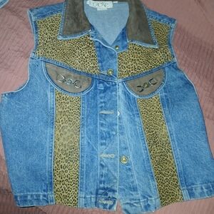 Cache Denim Vest with Leopard Print Accents